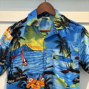 Rima Hawaiian‎ Shirt Men Small Blue Aruba One Happy Island Beach Sunset Vacation